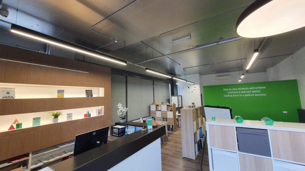 Classroom lighting installation by Electra Electrics, featuring efficient and well-distributed lighting designed to enhance the learning environment and ensure optimal visibility and comfort for students and teachers.