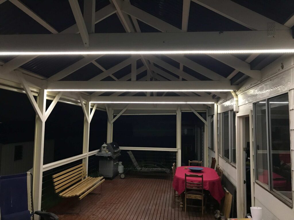 LED strip lighting installed on a verandah by Electra Electrics, featuring sleek LED strips providing ambient and functional illumination along the outdoor space, enhancing the verandah’s aesthetic appeal.